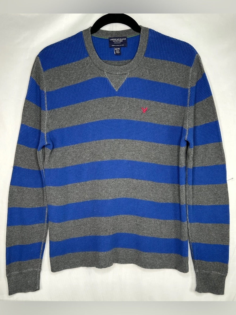 American Eagle Outfitters Blue Gray Striped Crewneck Sweater Waffle Knit Sz XXL